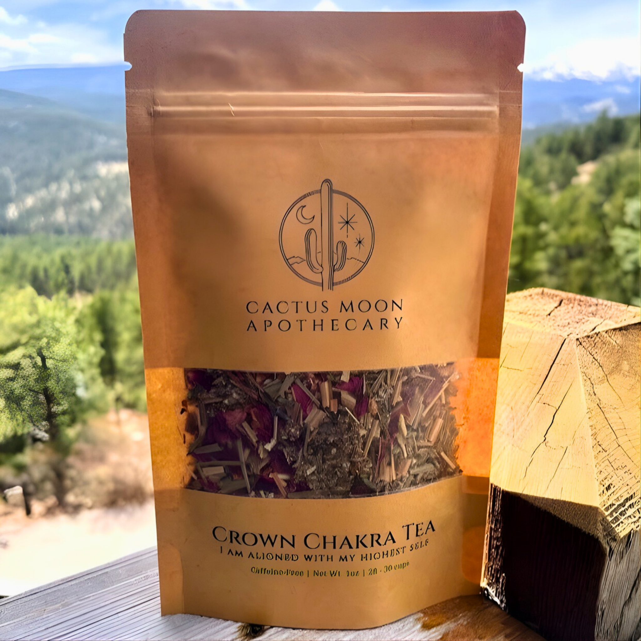 Cactus Moon Apothecary Crown Chakra Tea package with a scenic background