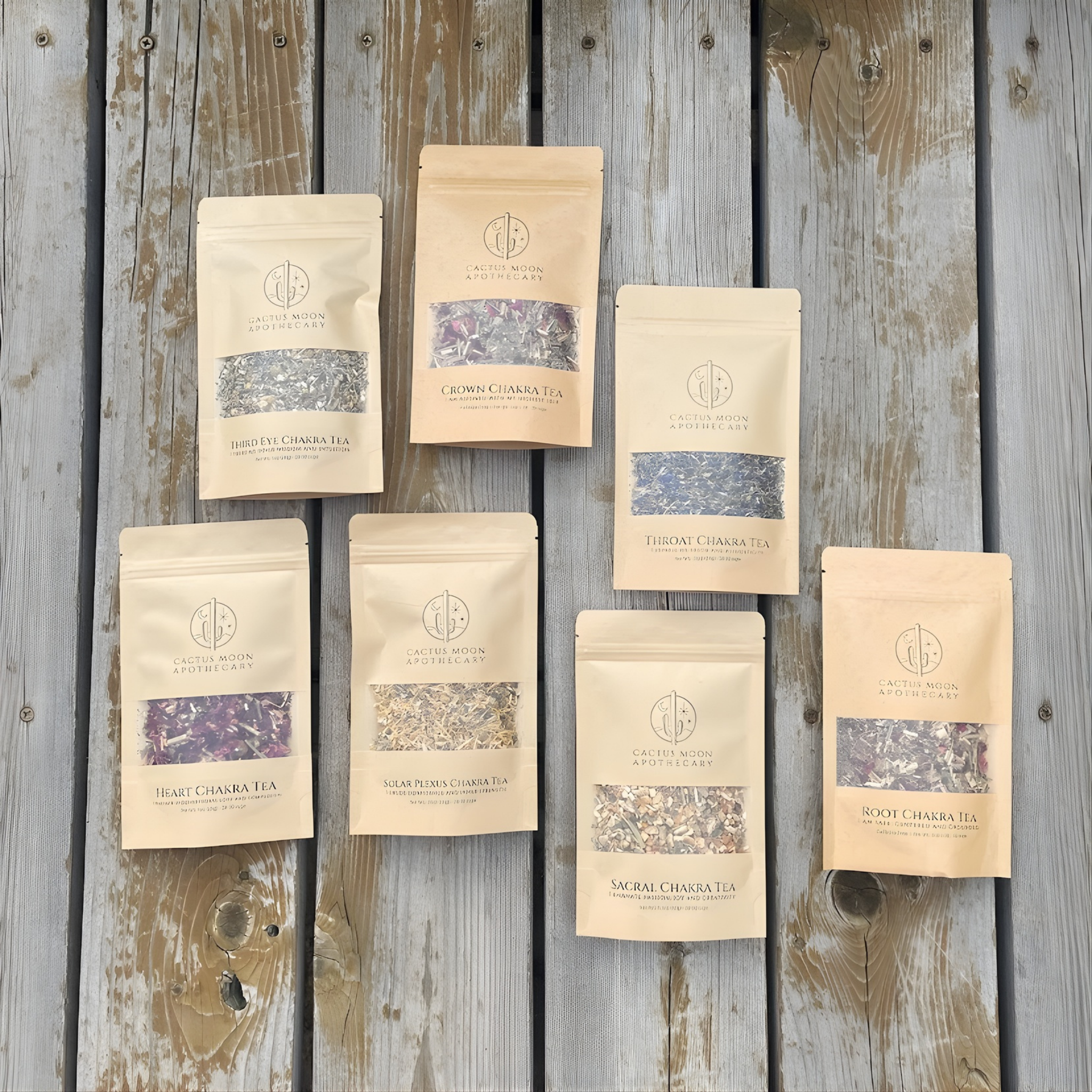 Set of tea packages on a wooden background