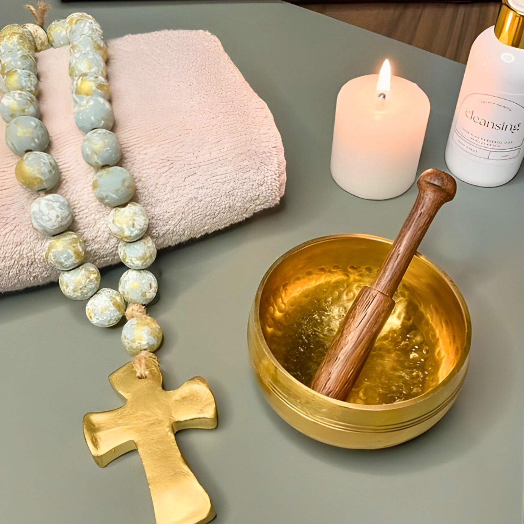 Gold cross, prayer beads, gold bowl with wooden pestle, candle, and towel on a gray surface