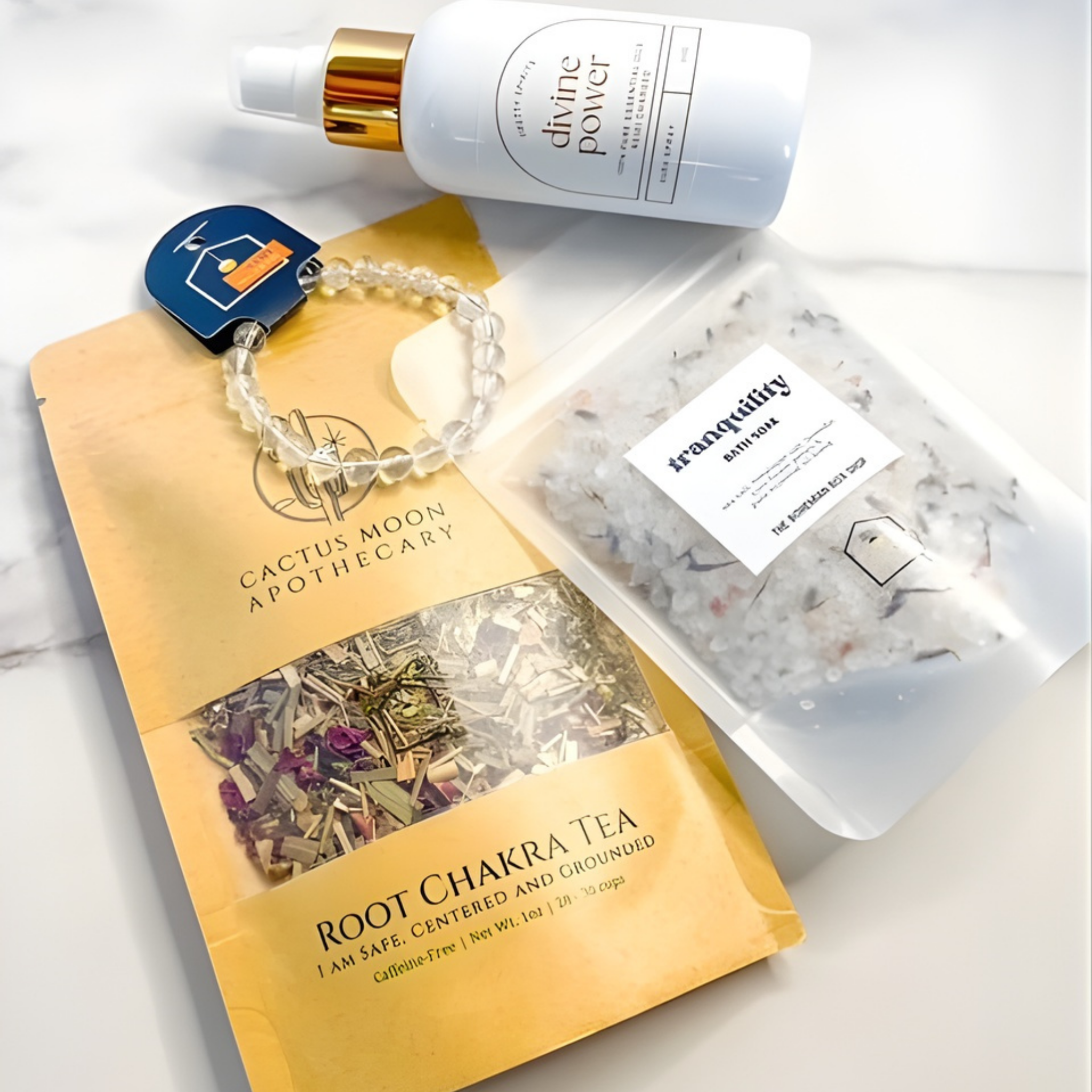 Collection of wellness products including a bracelet, bottle, and packaging on a white background