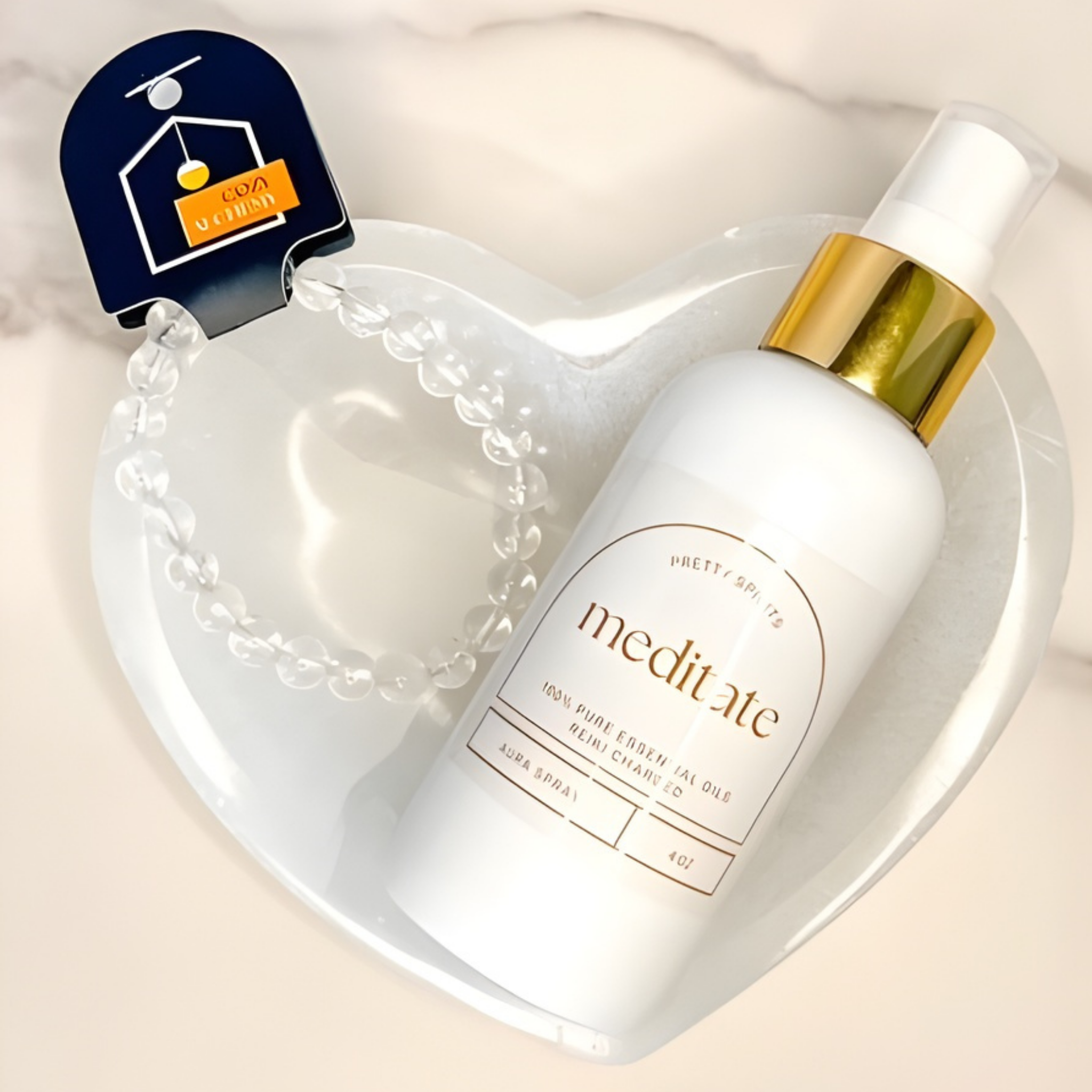 White bottle with gold cap labeled 'medit ate' on a heart-shaped white dish.