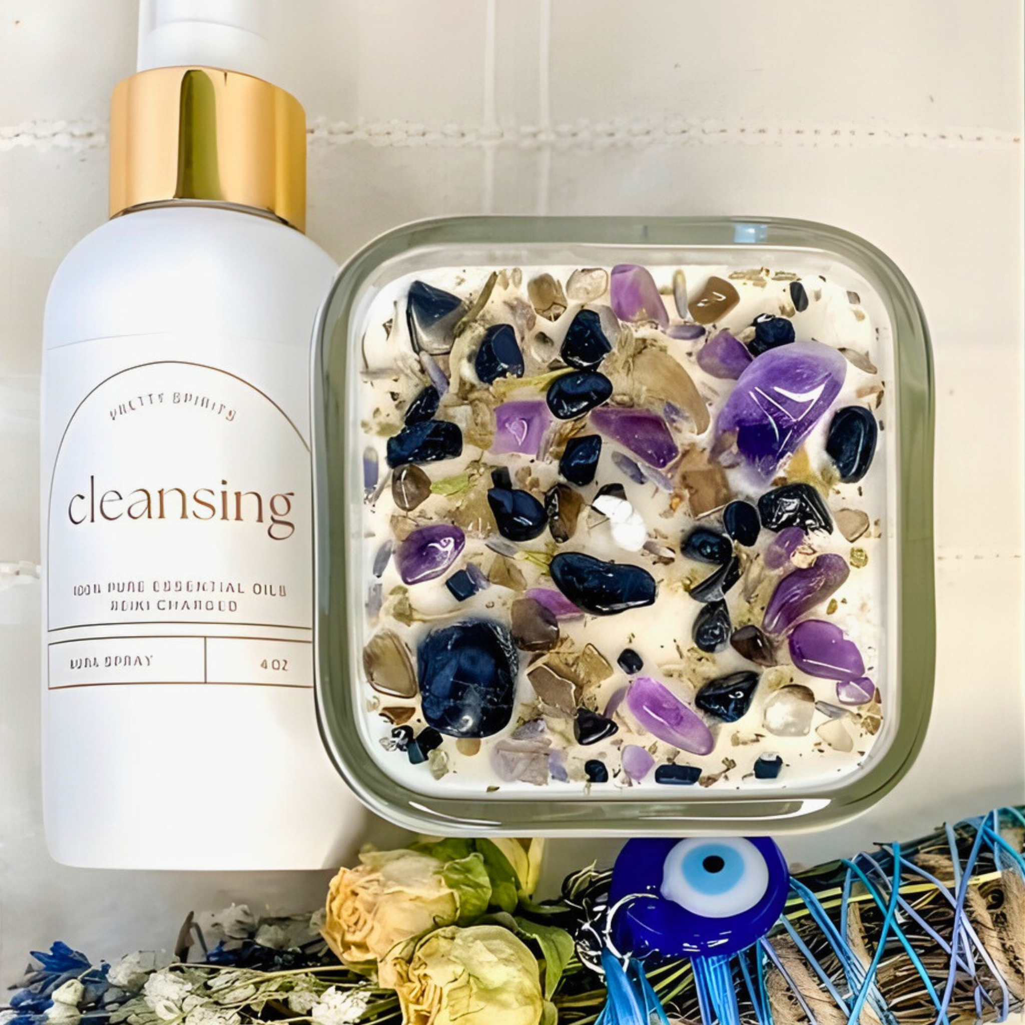 Bottle labeled 'cleansing' with a decorative container filled with stones on a textured surface.