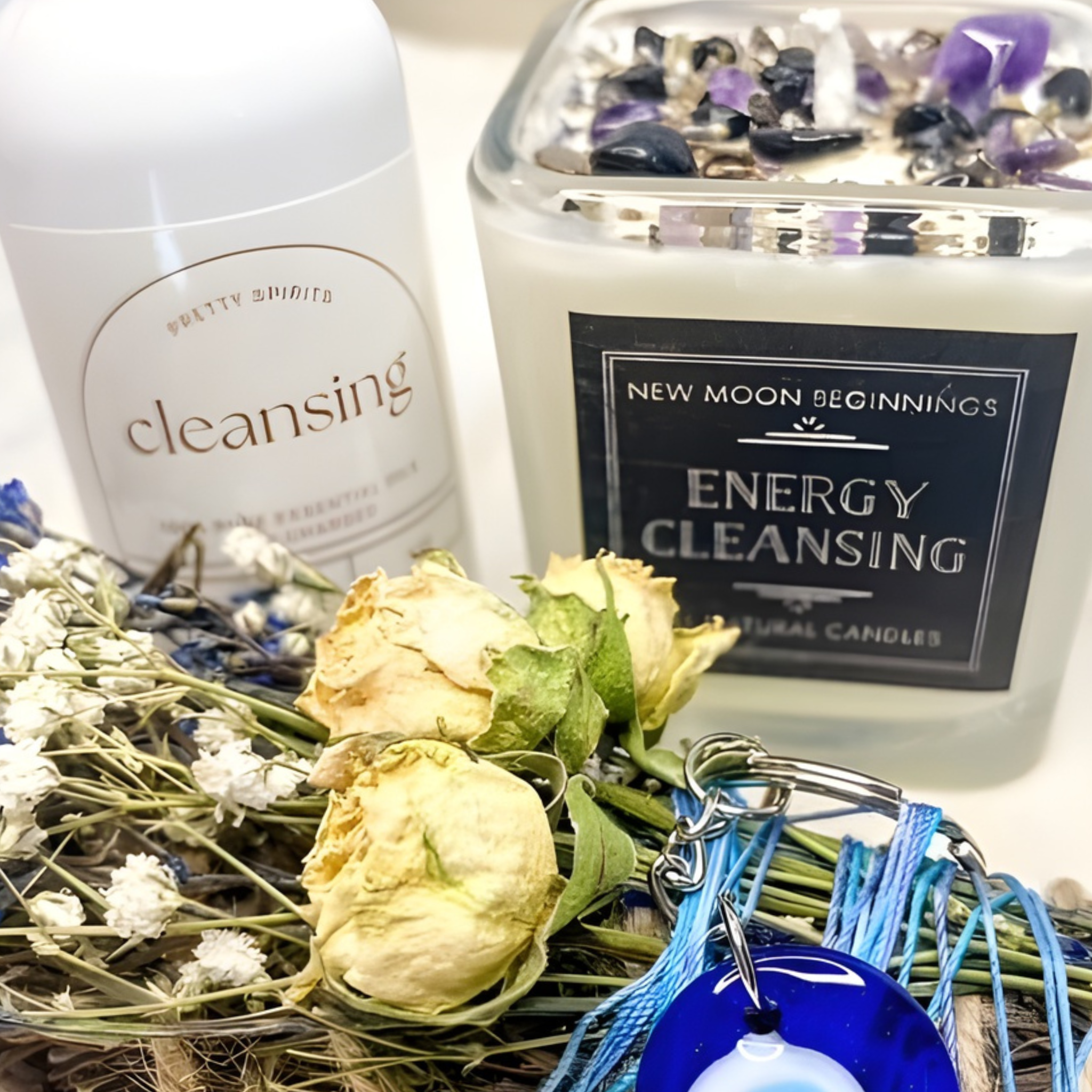 Candle labeled 'Energy Cleansing' with flowers and keychain on a white background