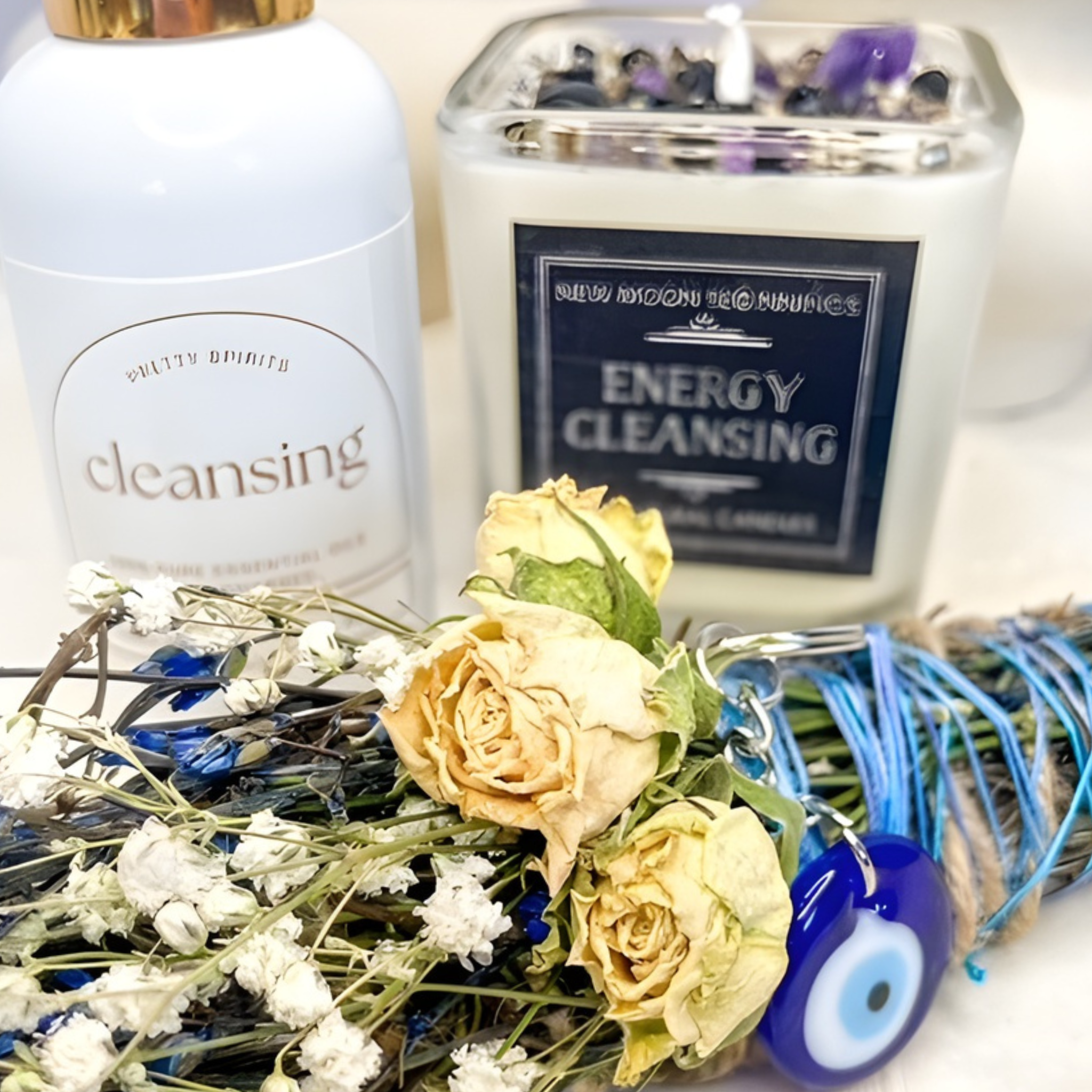 Two candles labeled 'cleansing' and 'energy cleansing', flowers, and amulets on a white background.