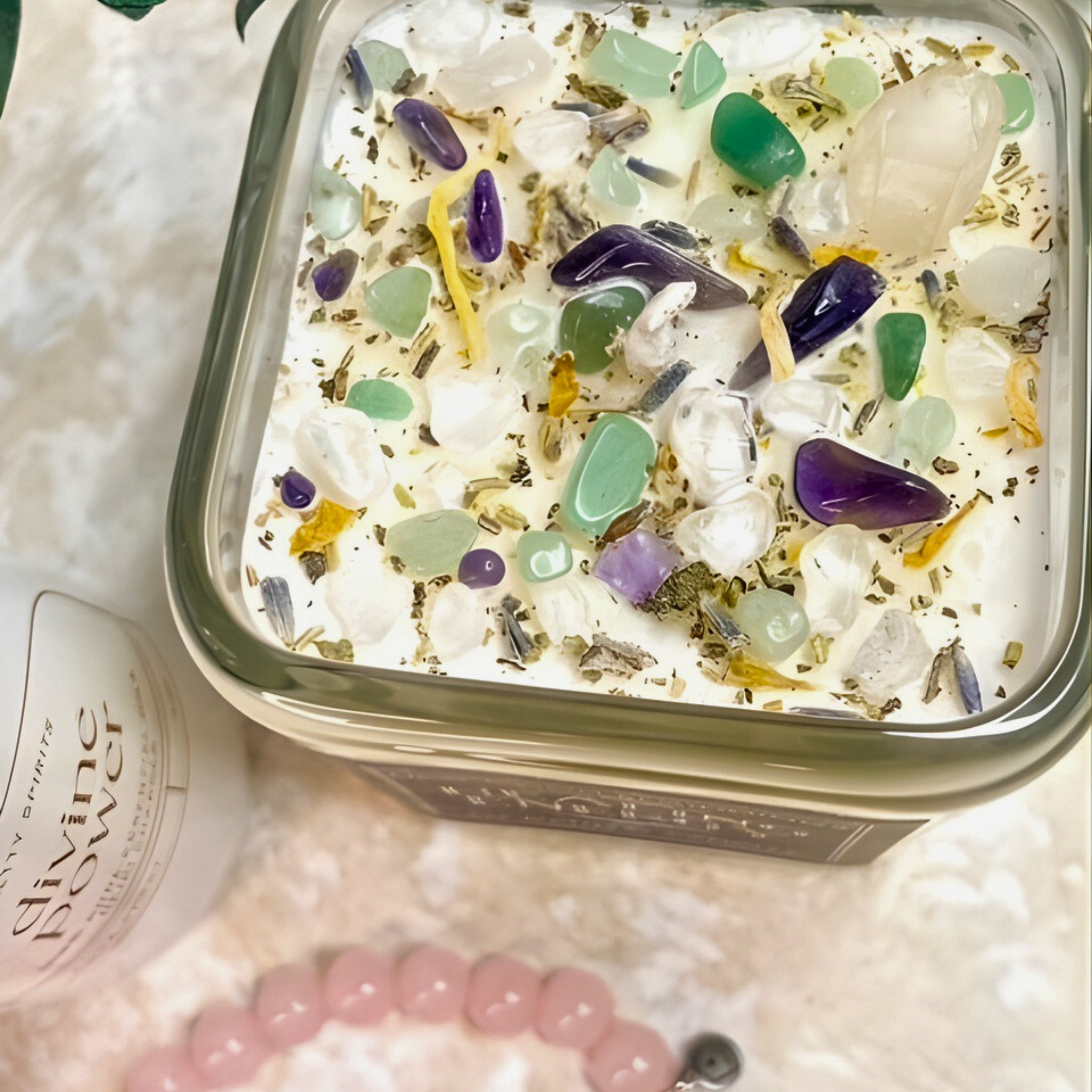 Square container with decorative stones on a textured surface