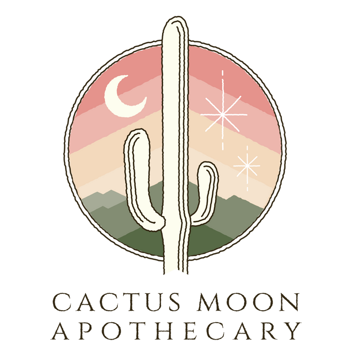 Logo of Cactus Moon Apothecary with a cactus, moon, and star design on a white background.