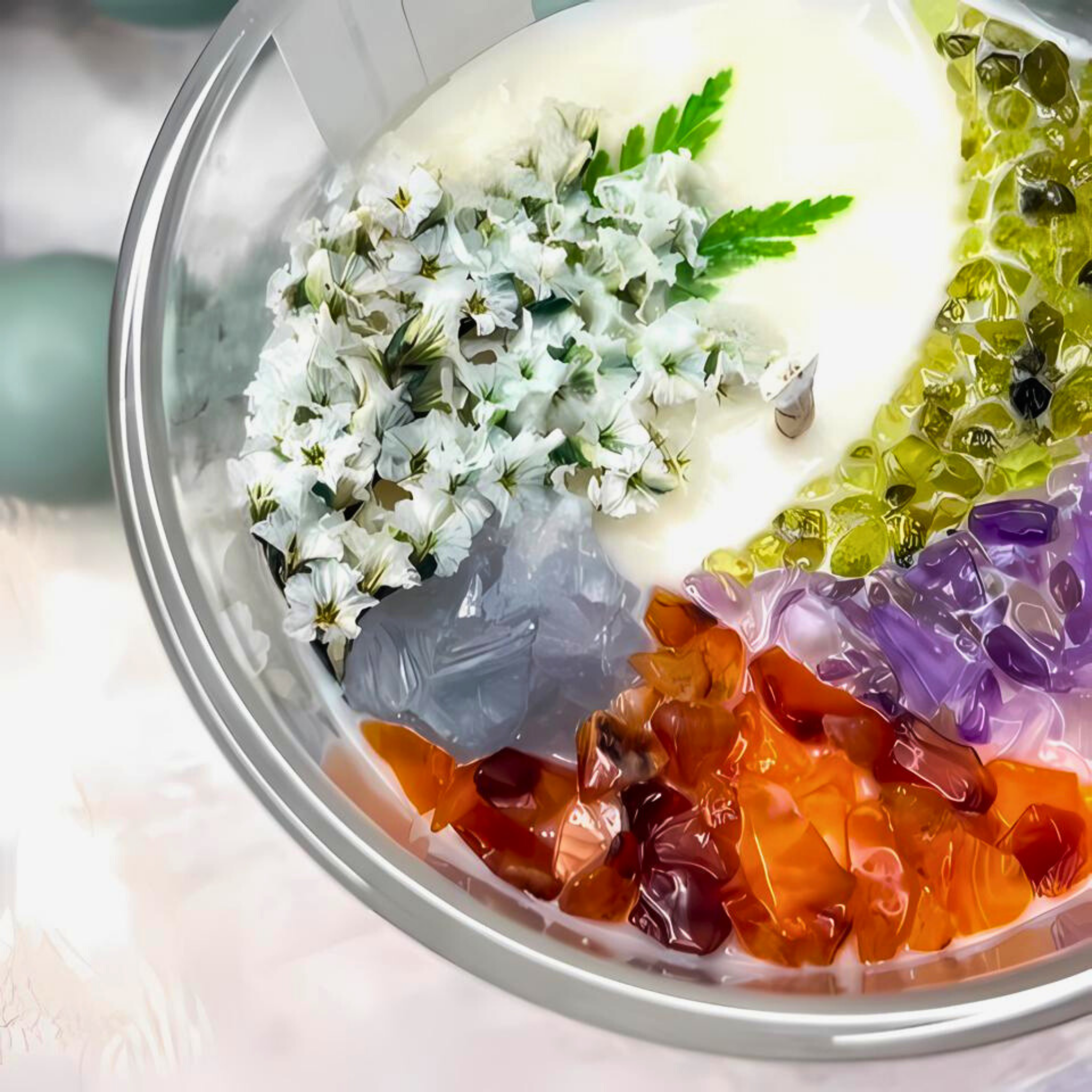 scented candle with flowers and crystals in black jar