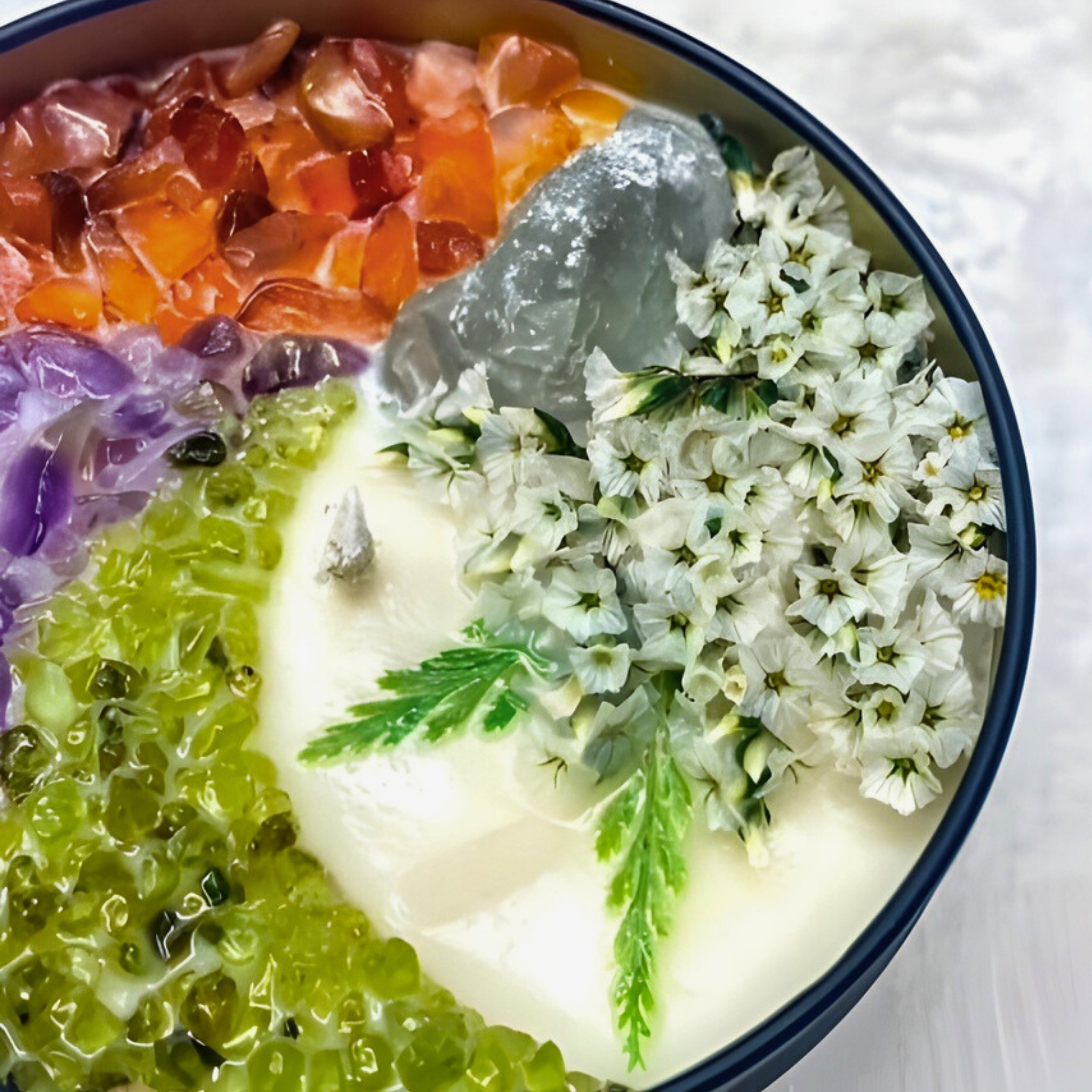 scented candle with flowers and crystals in black jar