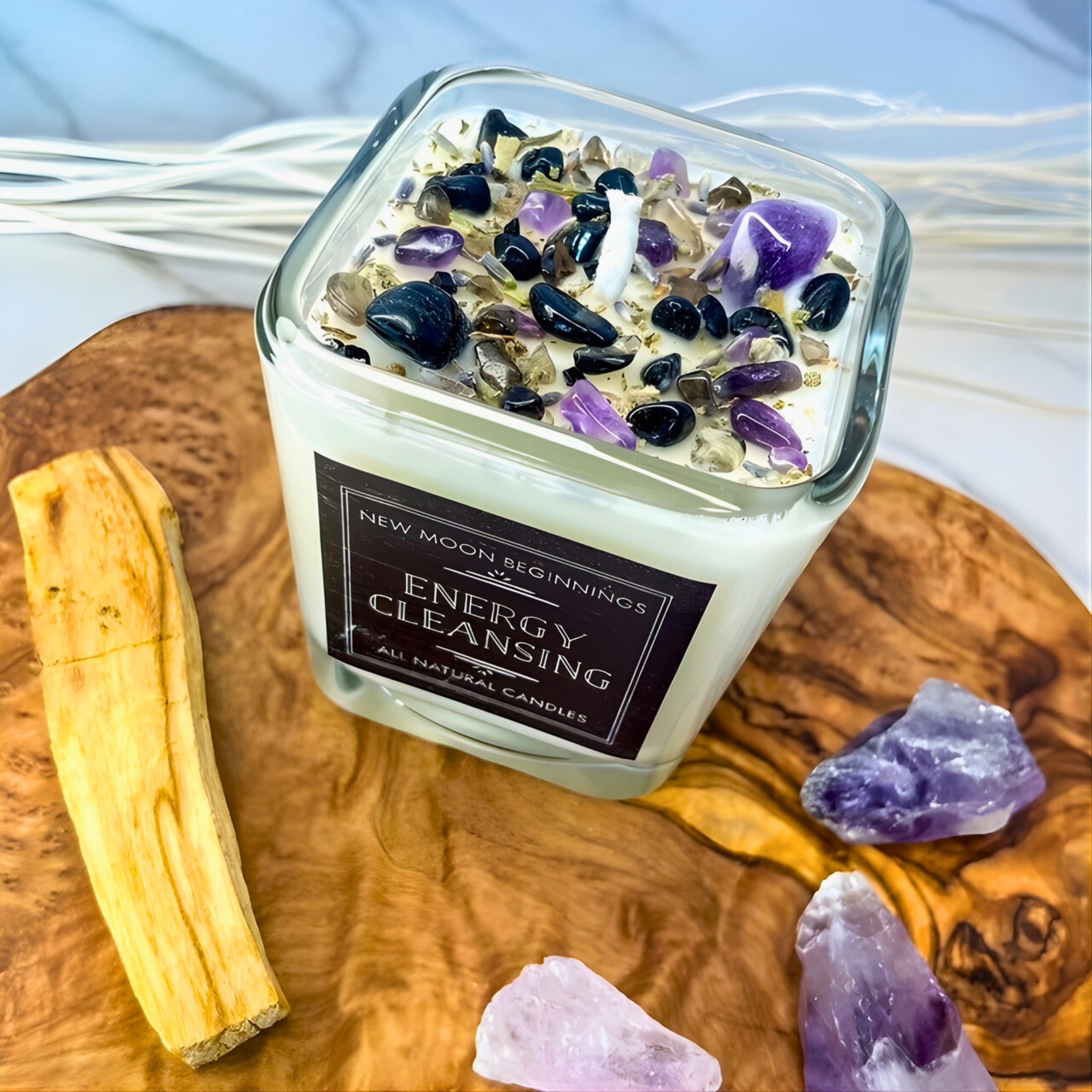 scented candle energy cleansing with crystals amethyst and herbs 