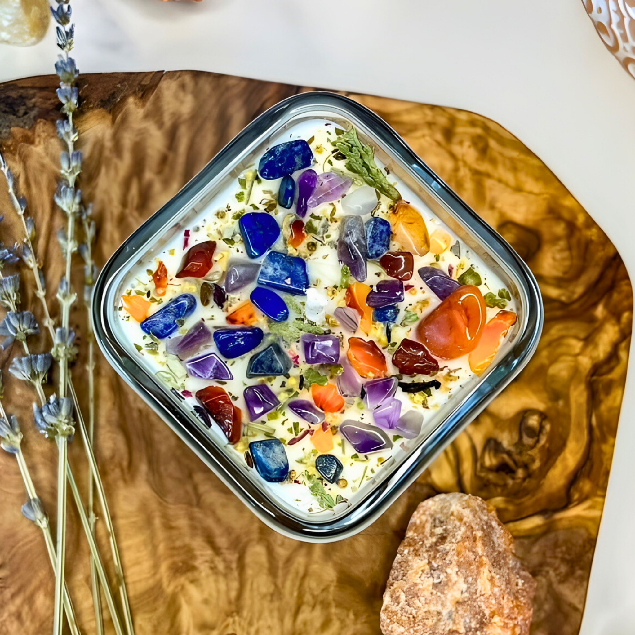 Container with colorful stones on a wooden surface
