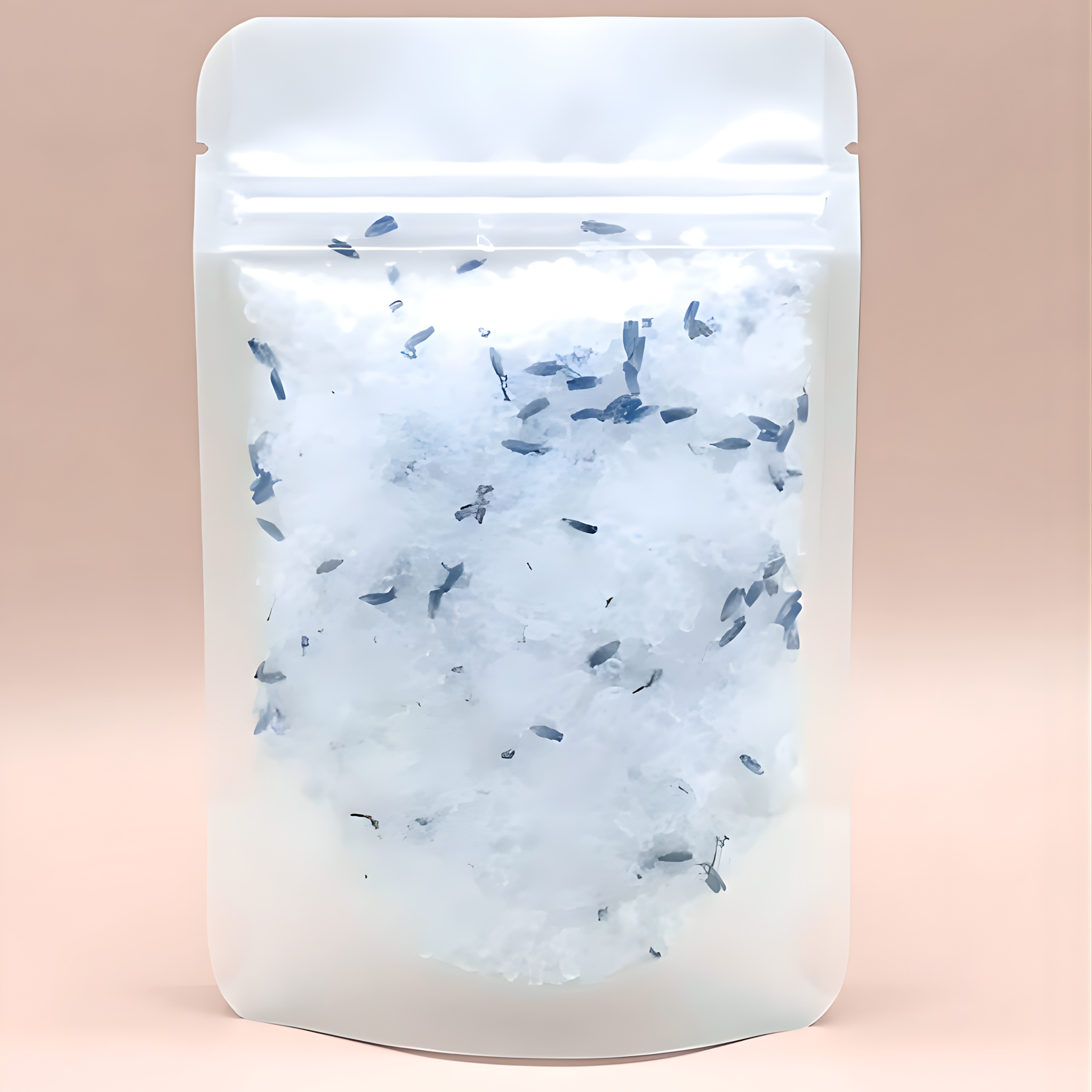 White container with blue specks on a beige background