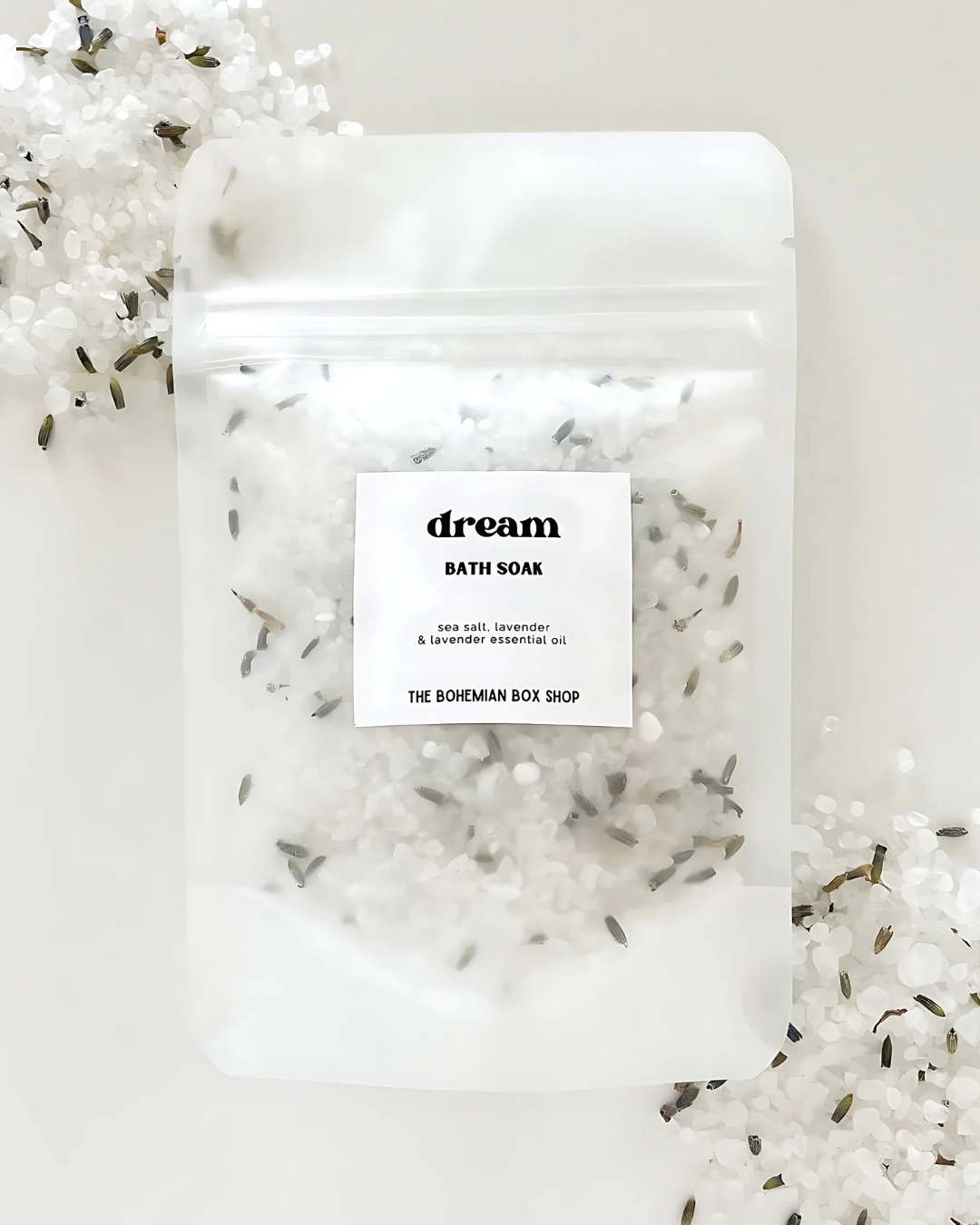 Bath sox packaging with lavender flowers on a white background