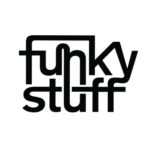 Black 'funky stuff' logo on a white background