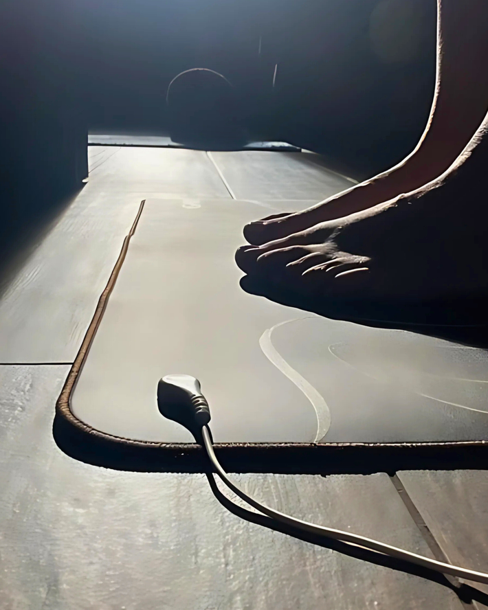 Person's foot stepping onto a mat with a power cord plugged into a socket on a wooden floor.