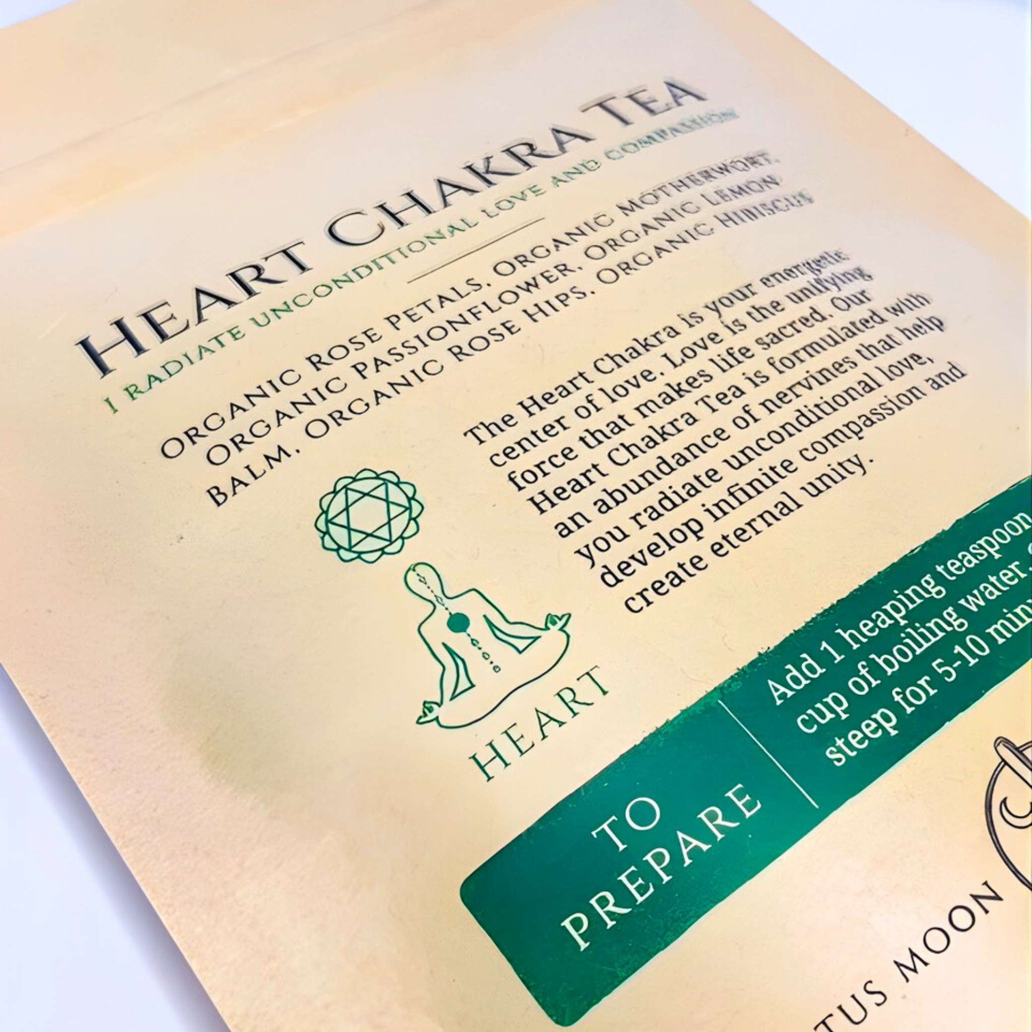 Heart Chakra Tea package with text and branding on a light background