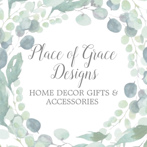Wreath of green leaves with 'Place of Grace Designs' text on a white background