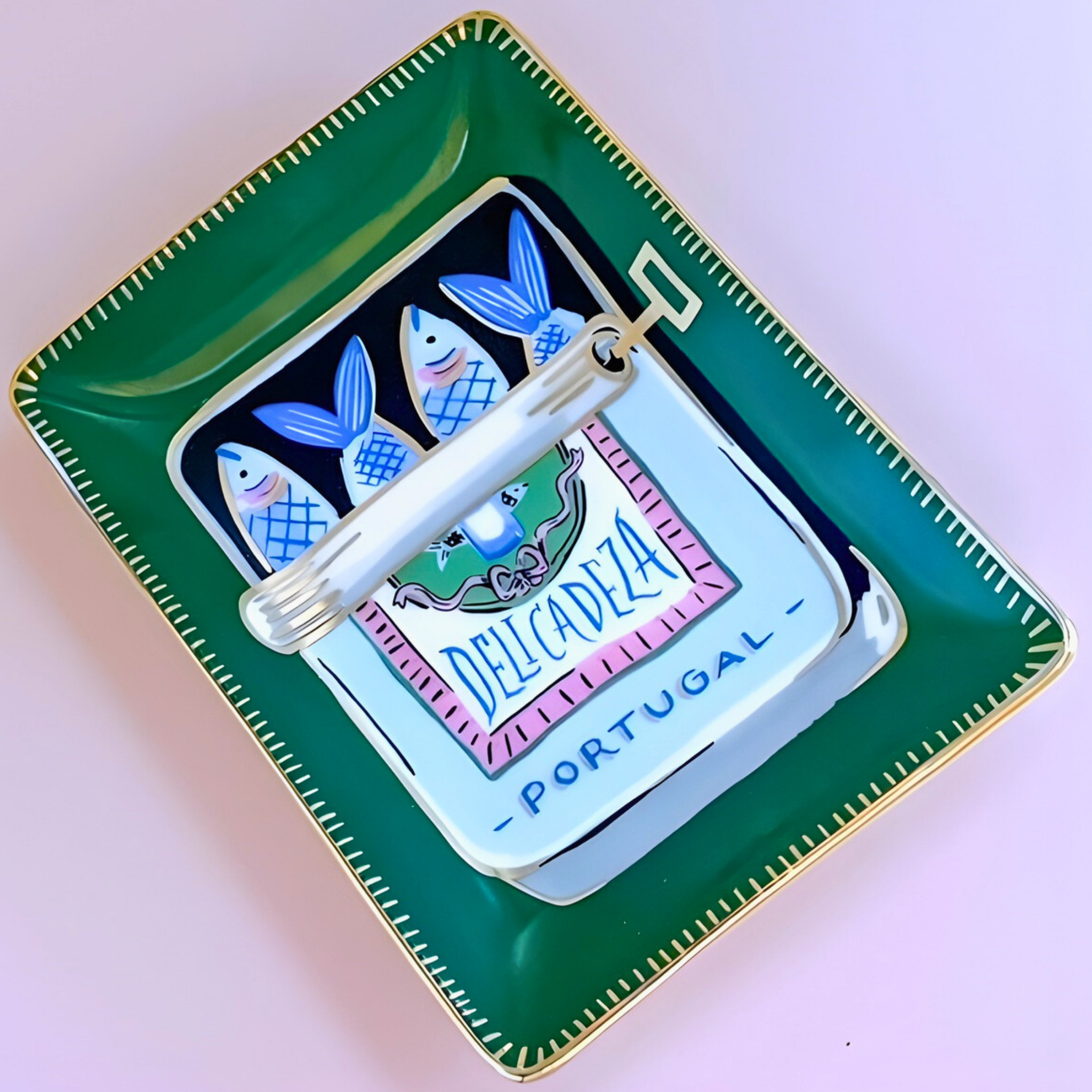 Decorative tray with a design of fish and 'Delicadeza Portugal' text on a green background.