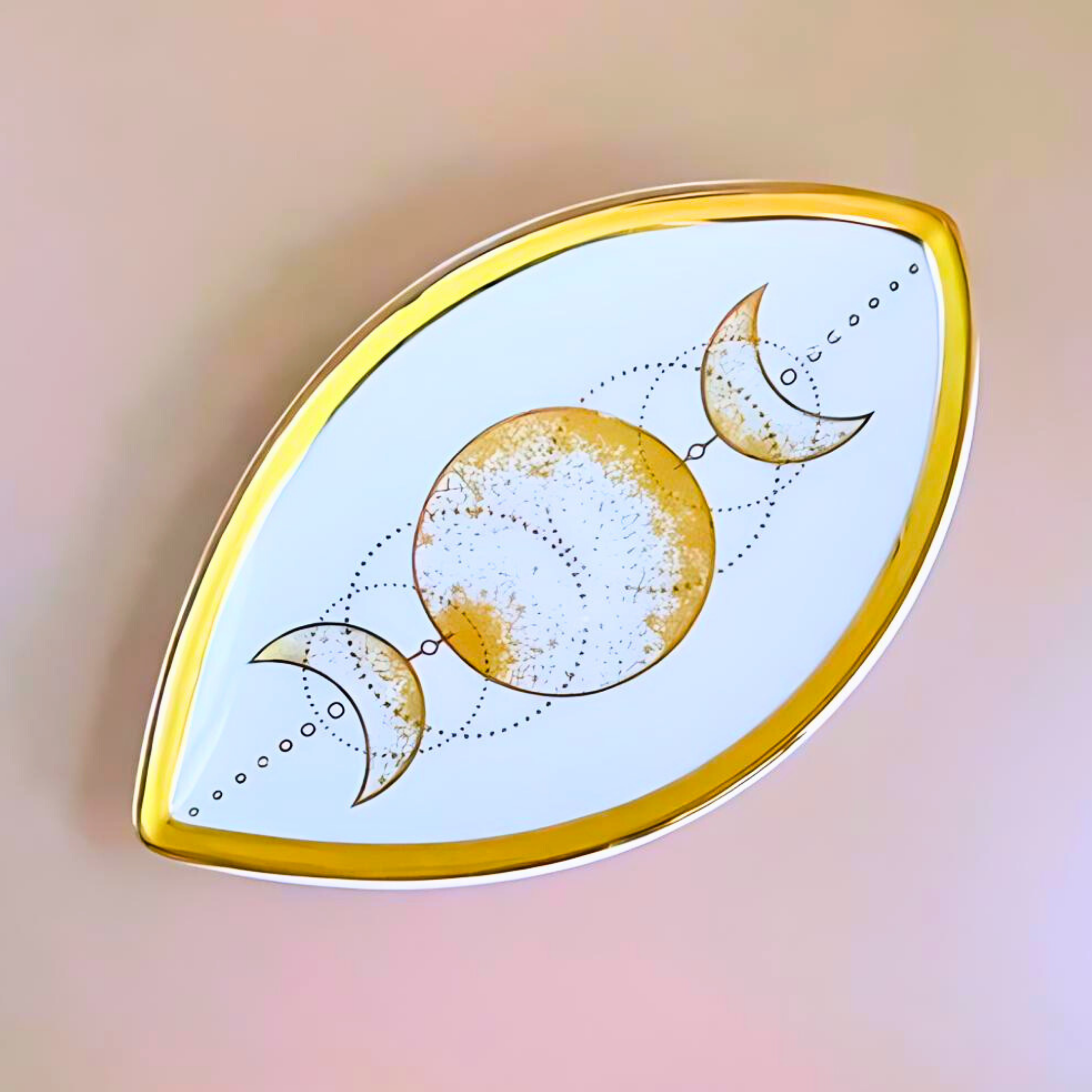Decorative piece with moon phases on a white background with a gold border.
