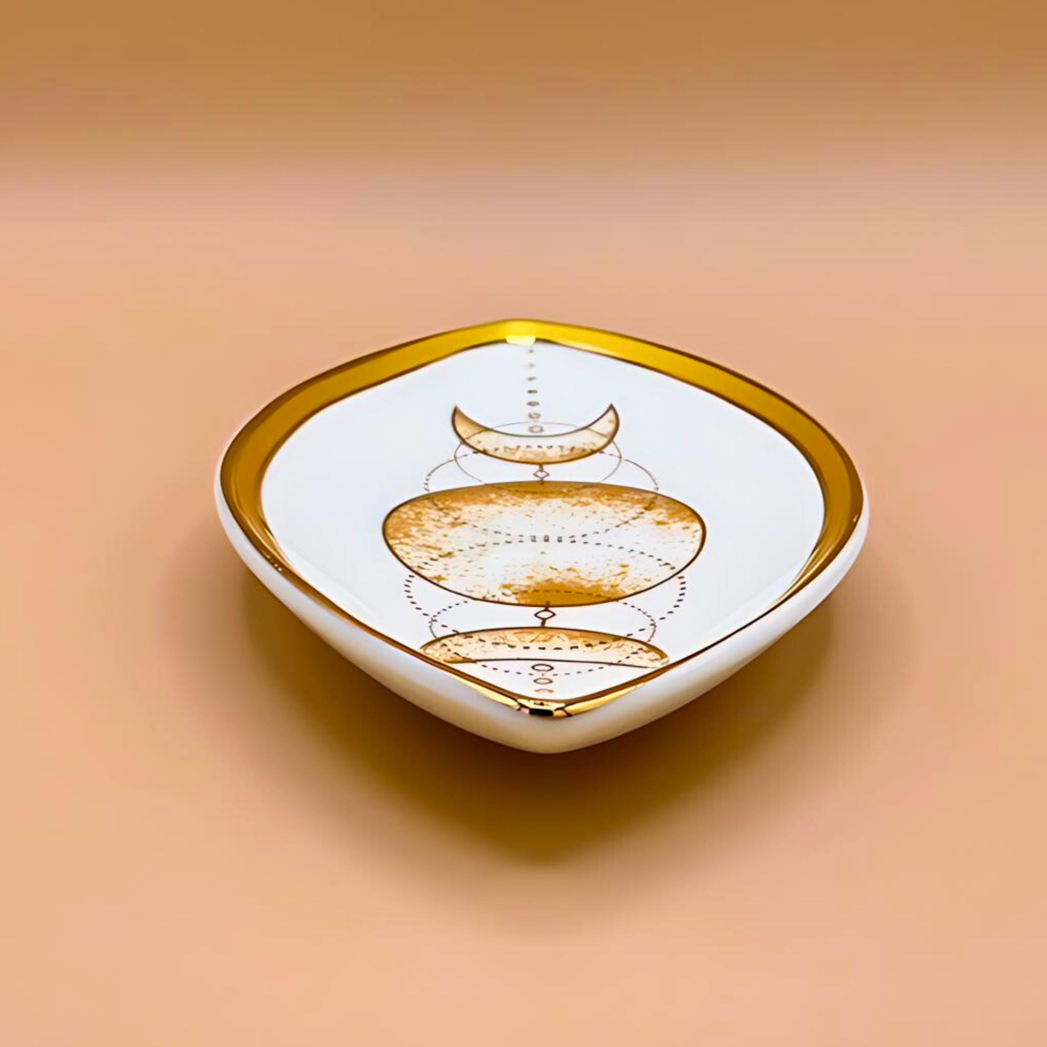 Decorative plate with gold and white design on a peach background