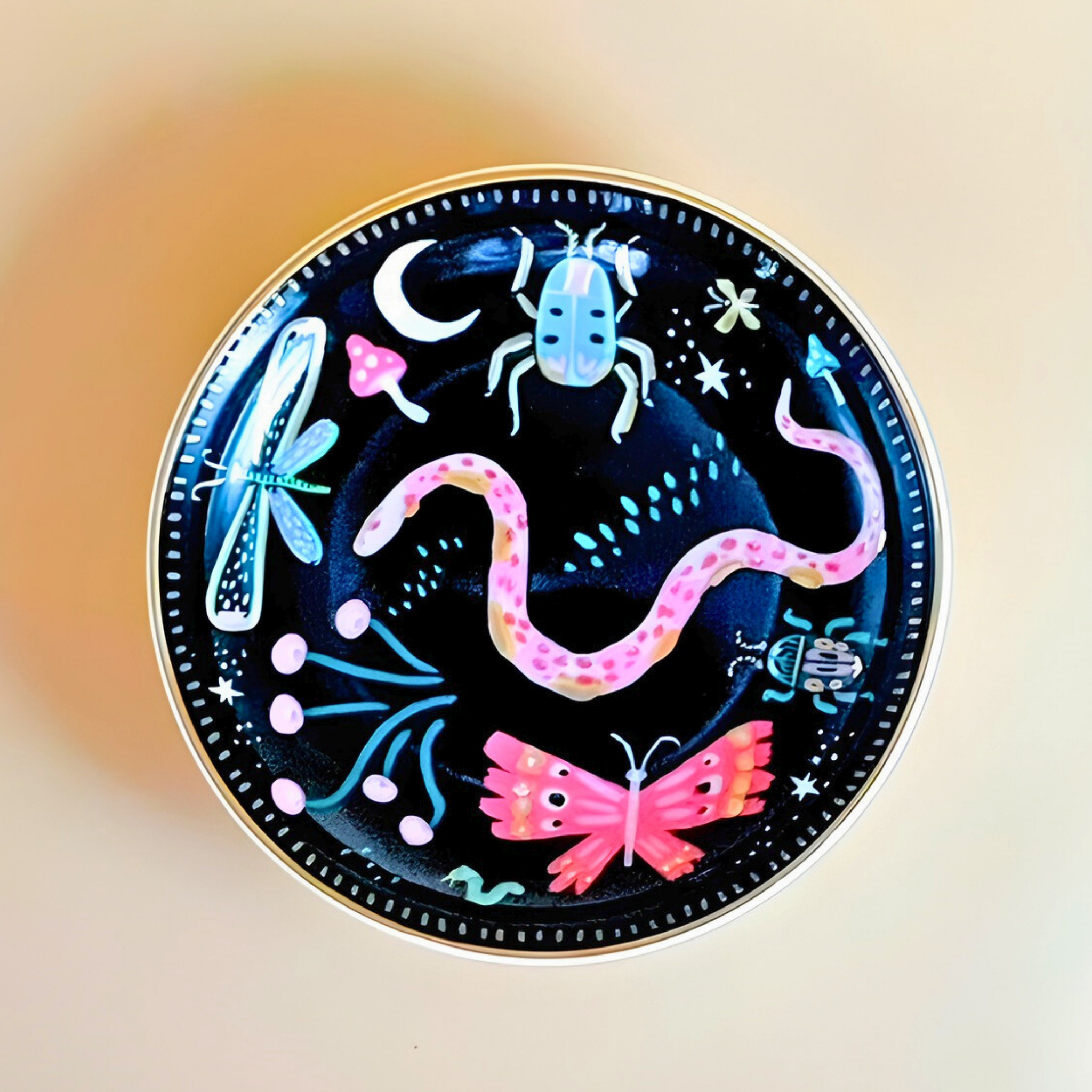Decorative circular object with colorful illustrations of a snake, butterfly, and other elements on a black background.