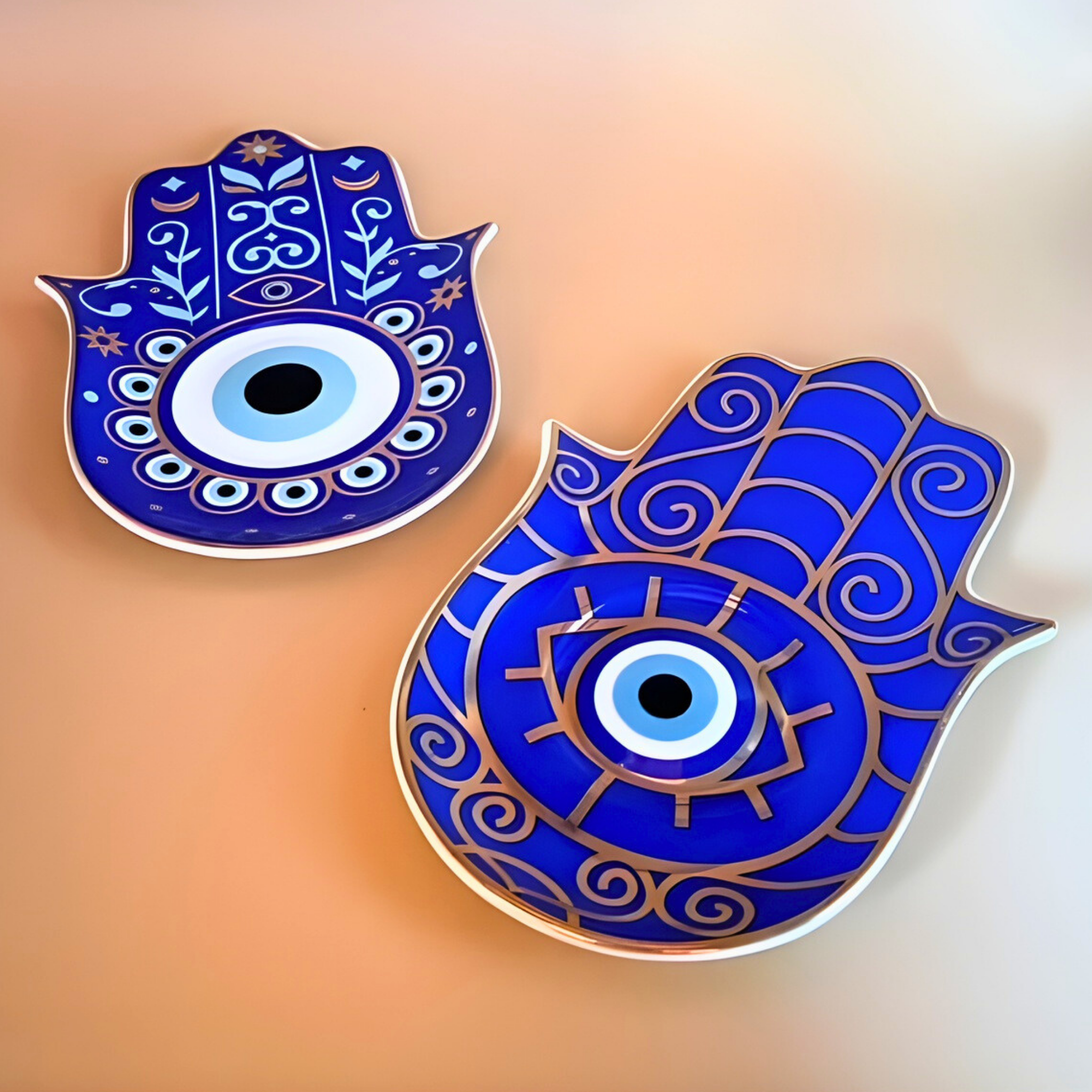 Two blue Hamsa hand designs with eye symbol on a gradient background