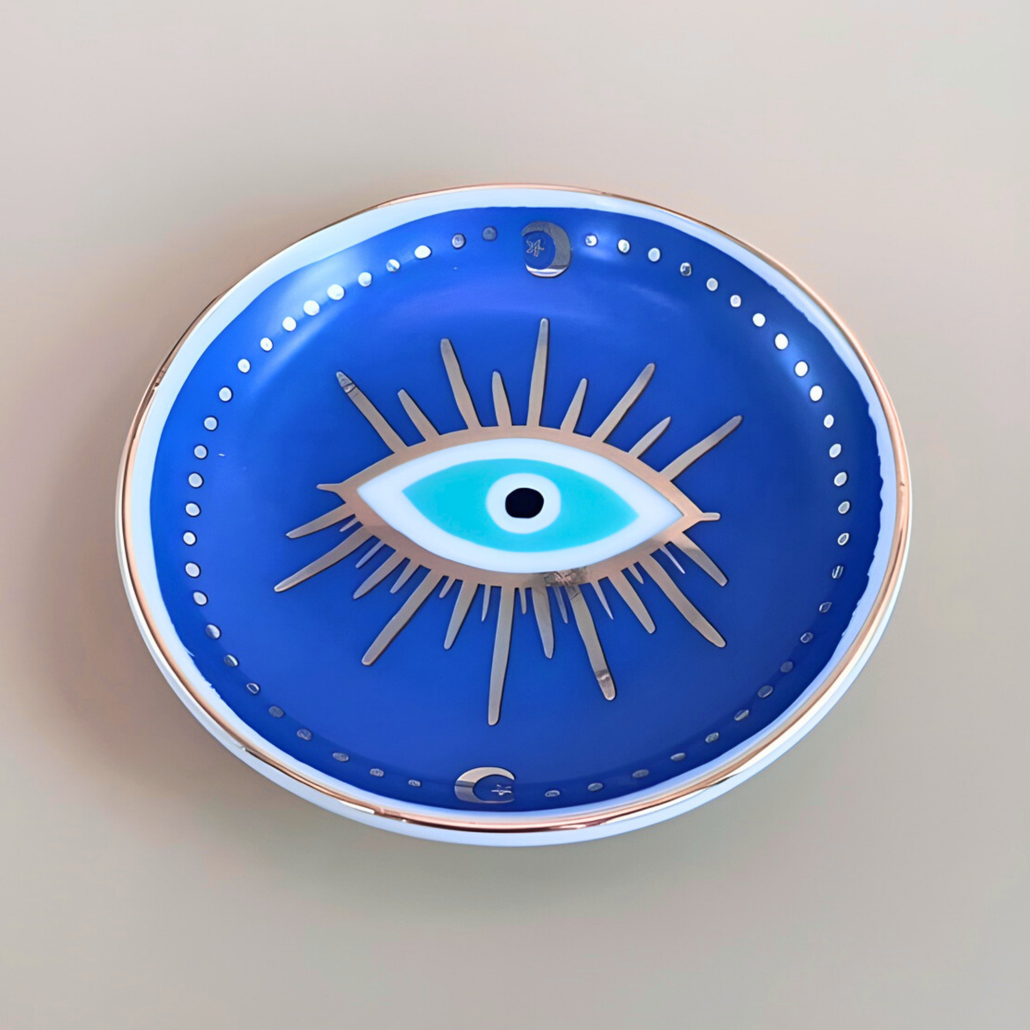 Decorative plate with eye design on a blue background