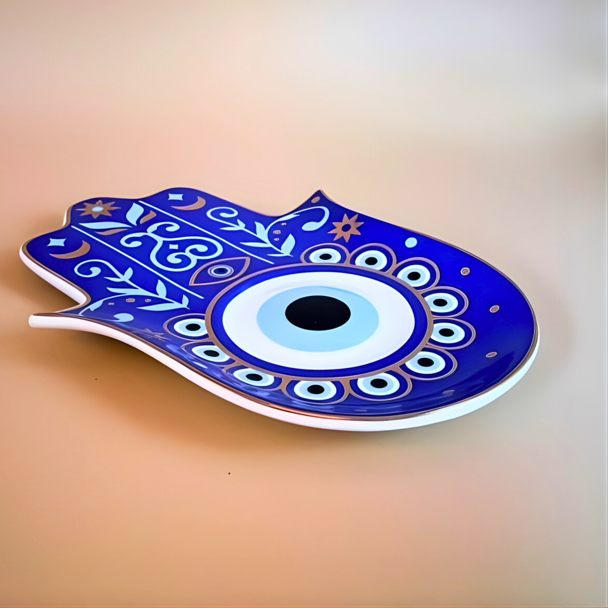 Decorative plate shaped like a hand with blue and white patterns on a beige background