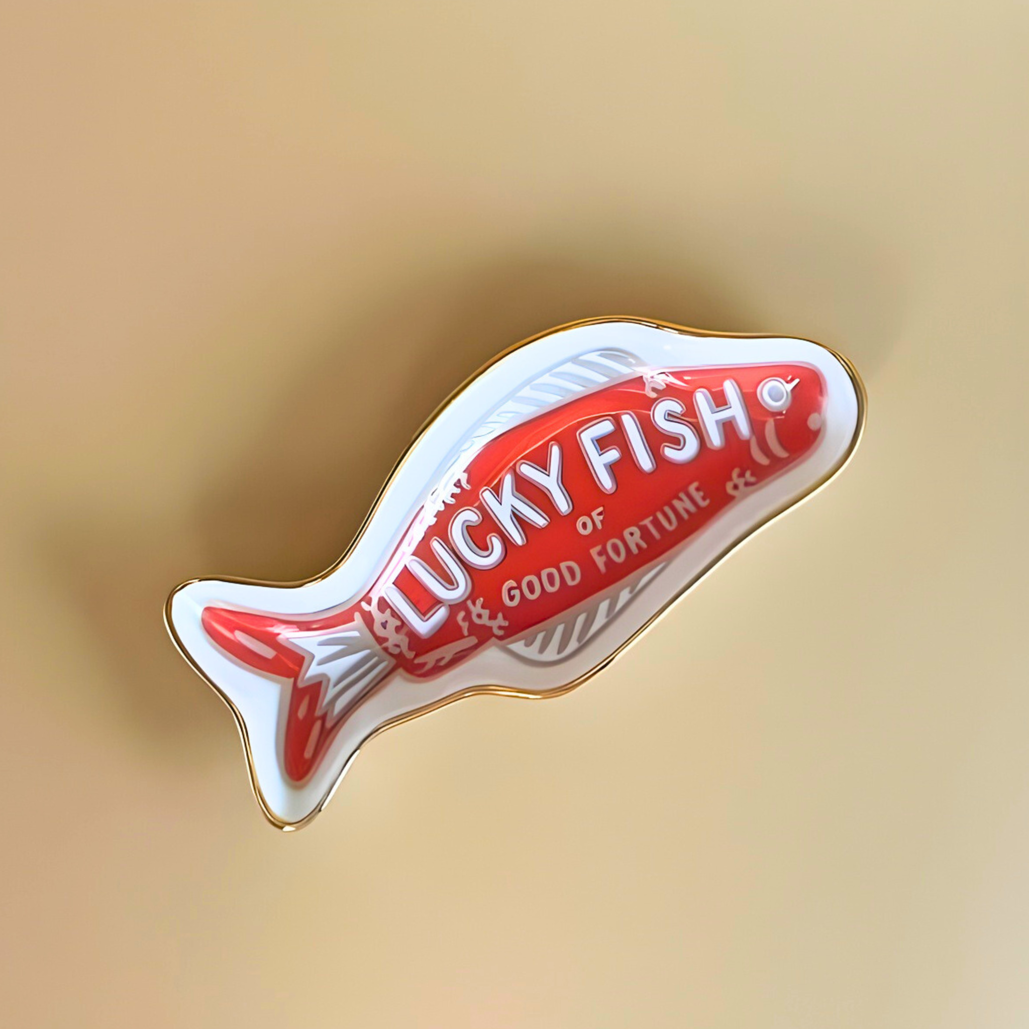 Fish-shaped 'Lucky Fish of Good Fortune' badge on a gold background