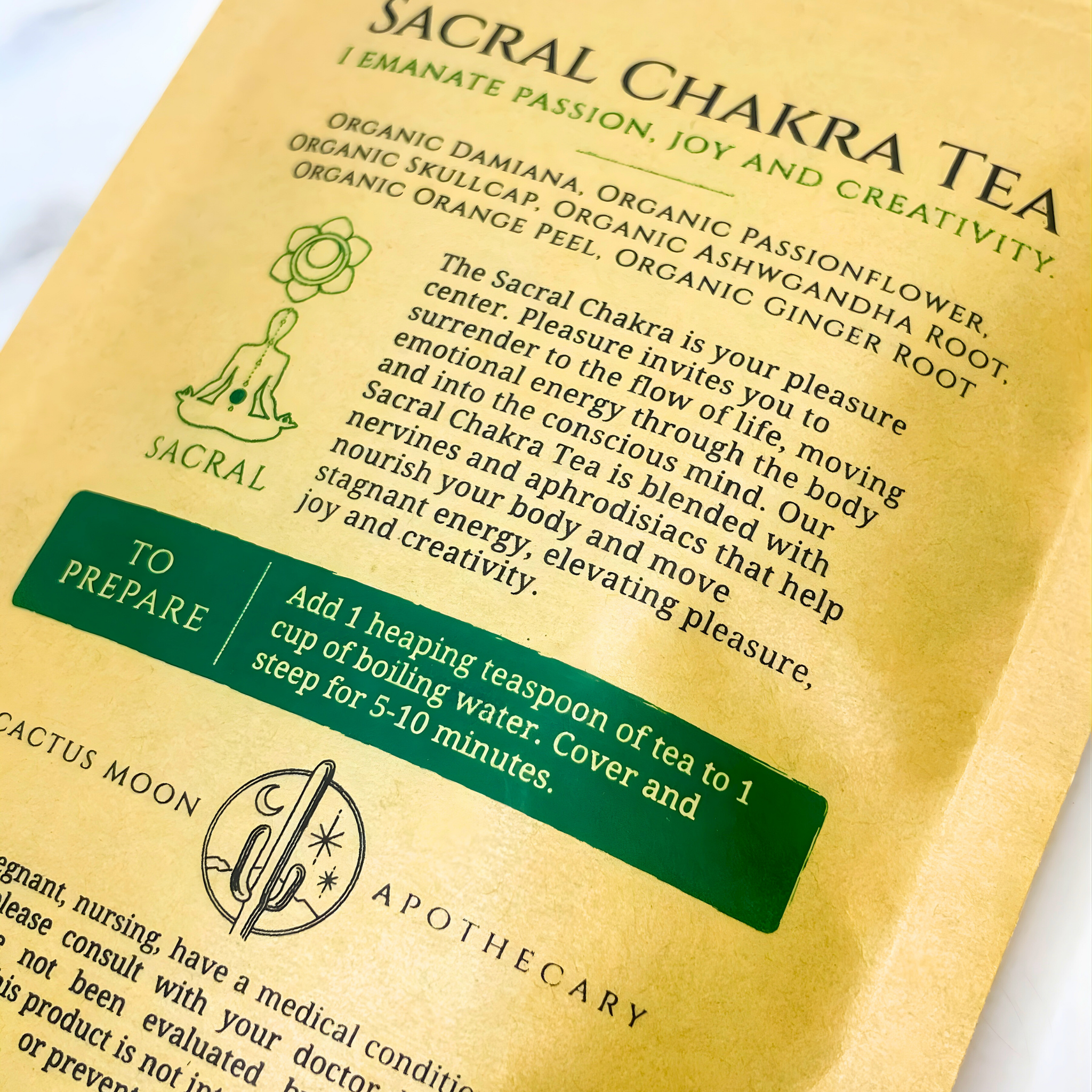 Sacral Chakra Tea package with text and branding details