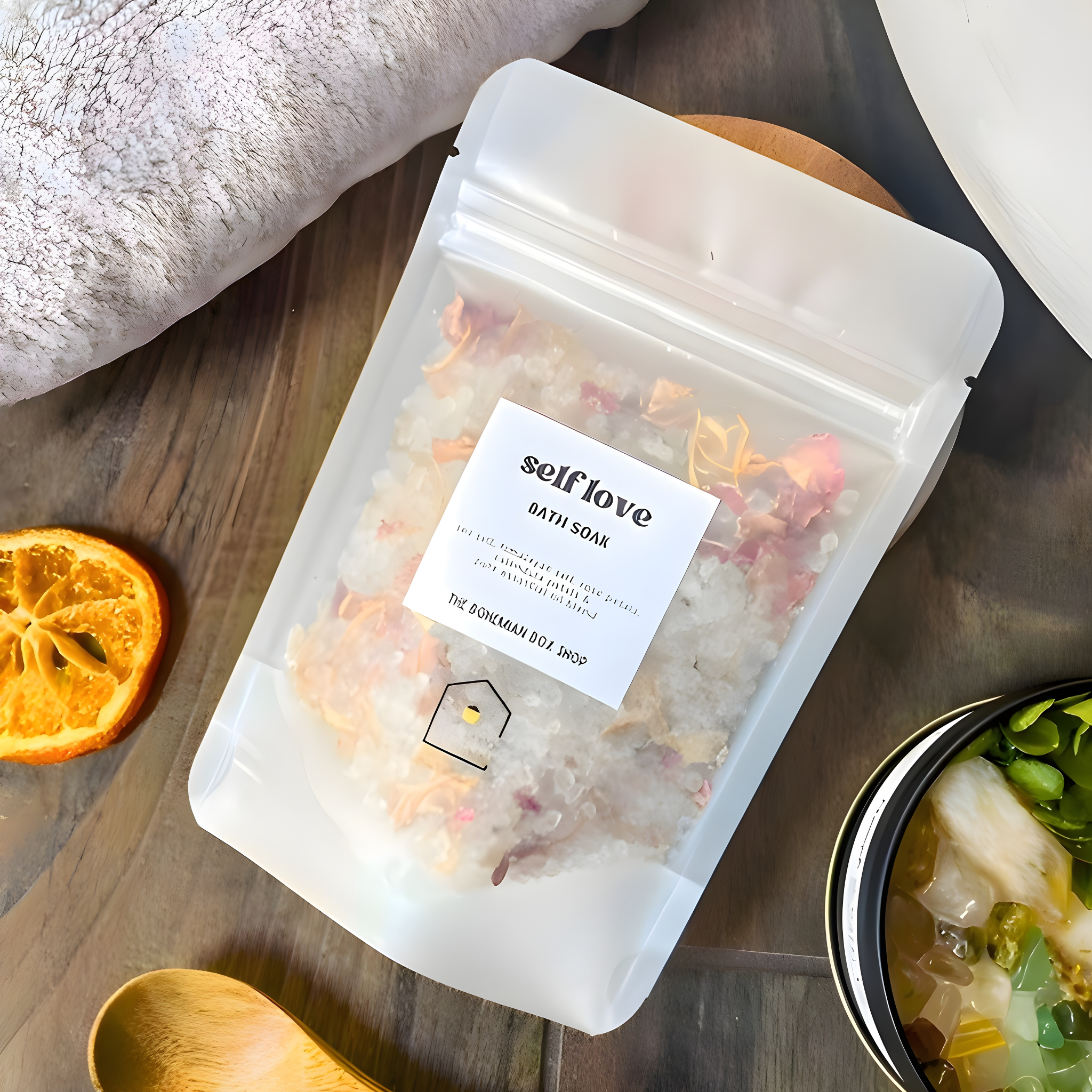 Packaged bath soaks with a label on a wooden surface, surrounded by a towel and dried orange.