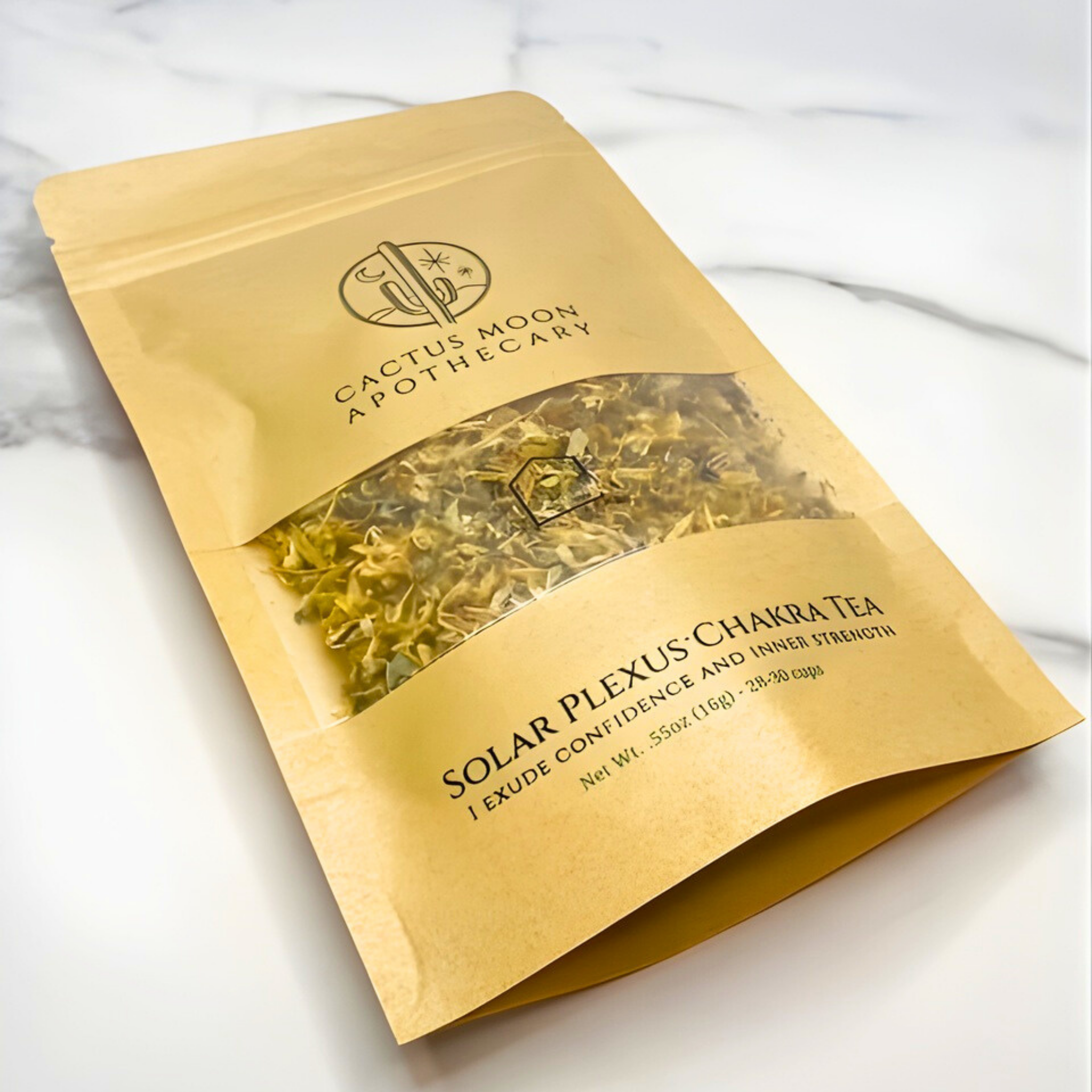 Gold package of Solar Plexus Chakra Tea from Cactus Moon Apothecary on a white background