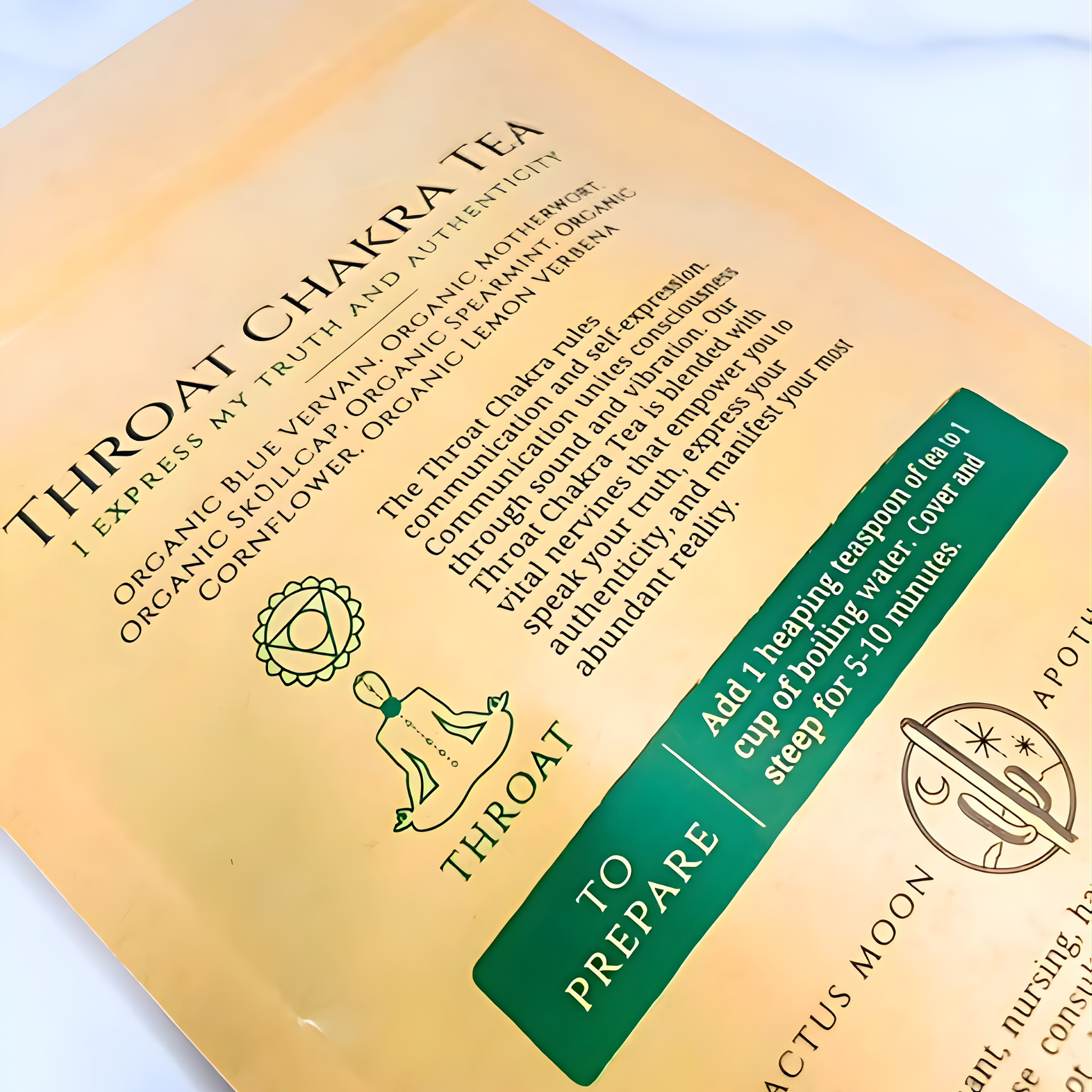Throat Chakra Tea package with text and branding on a light background