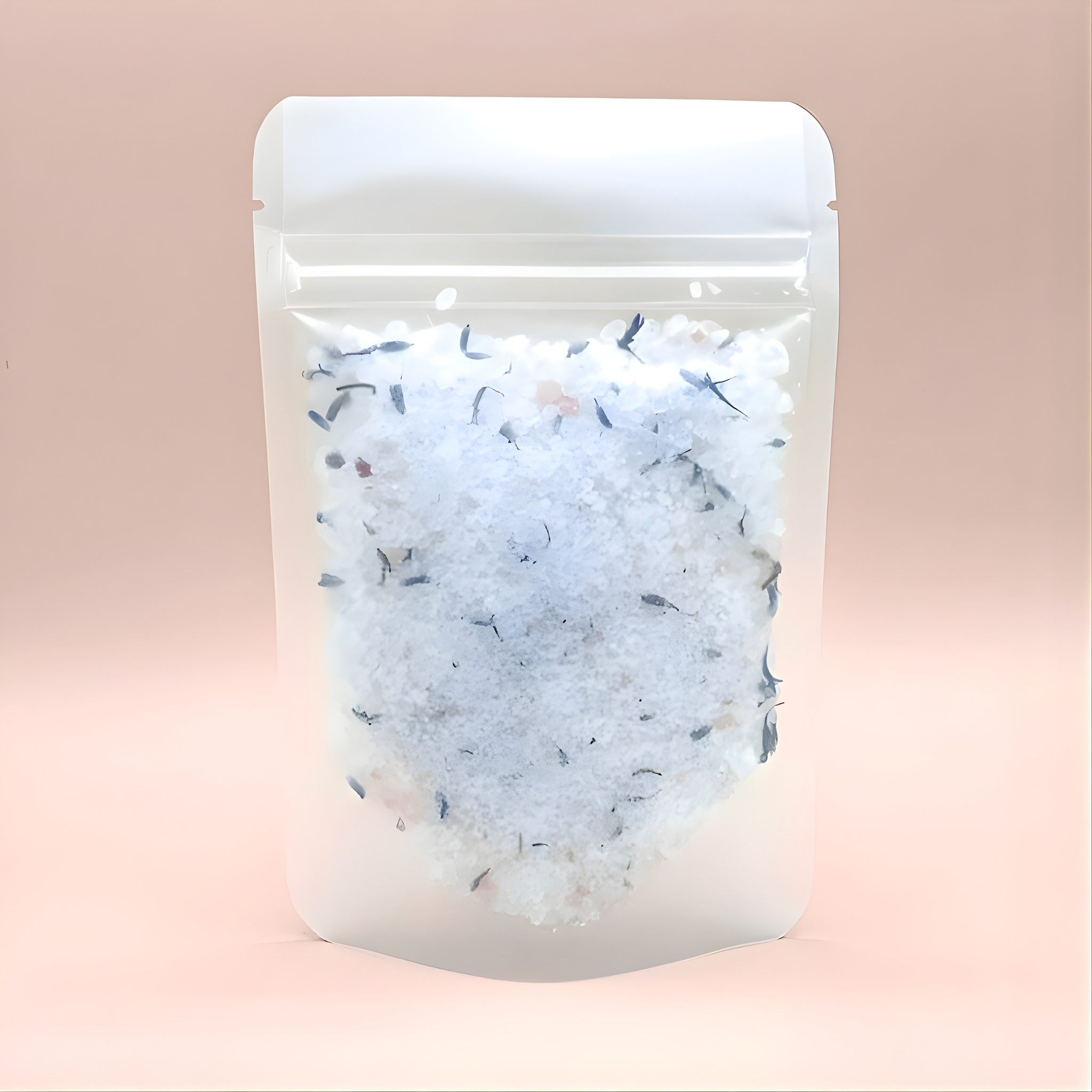 White bath salt with blue and purple flowers in a clear packaging bag on a pink background