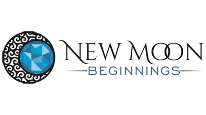 Logo for 'New Moon Beginnings' with a blue and black design on a white background